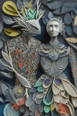 Surreal couple wearing designer outfits made of insanely detailed quilling including metal, mirrors, feathers, foliage, flowers, leather, buttons, jewels, twigs, plastics, glitter, shells, fabrics, twine, and thread