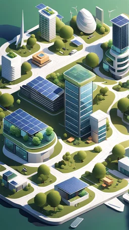 Create an isometric illustration of the city of Solglans, depicting it as a futuristic and sustainable urban environment. Show buildings with vertical solar panels on their rooftops, innovative wind turbines scattered throughout the cityscape, and green spaces integrated seamlessly into the urban fabric. Emphasize the use of advanced technology, such as smart grids and wireless communication networks, to convey the city's commitment to innovation and sustainability.