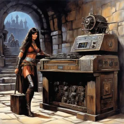 [art by Ray Harryhausen] a youthful Caroline Munro cautiously approaches the weathered and worn console, the most clever ordinateur in the universe. The once gleaming machine now bears the marks of time, covered in a layer of rust and dust that speaks of ages past. Despite its aged appearance, the user is granted access to a realm of knowledge and possibilities beyond her wildest dreams. The power and intelligence contained within this ancient ordinateur are shrouded in mystery, its mechanisms