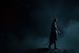 a sinister devil standing facing right