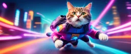 rocket ship cat captain in high speed pursuit among neon rats, with background motion blur