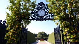 The image is of an ornate gate with a large clock hanging above it. The gate is made of black metal and has intricate designs and patterns on it. On either side of the gate, there are tall trees with green leaves and yellow fruits hanging from their branches. The trees are arranged in a symmetrical pattern, creating a sense of balance and harmony. In the background, there is a pathway leading to a garden with a tree in the distance. The sky is blue and the overall mood of the image is peaceful a