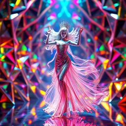 A goddess of love in a cleric dress dances in a vibrant, vibrating, color-rich 3D environment of metallic and crystal recursive geometric structures and an evolving ,Creative light art, blurred bokeh effect,