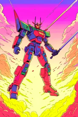 giant robot with a big epic sword flying through the sky in a 1990s anime style