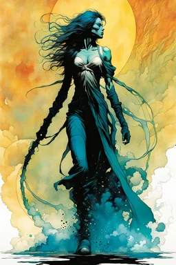 create an imaginative full body print illustration of an ethereal, otherworldly female Striga monster, in the comic book art style of Bill Sienkiewicz, Mike Mignola, and Jean Giraud Moebius, with highly and finely inked, after the Witcher