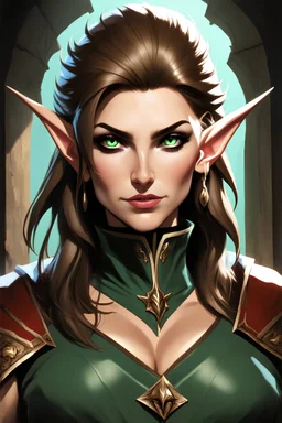 Help me create a D&D portrait of a half-elf mage by the name of Lady Serafina. She is approximately 49 years old. She is beautiful with green eyes. Art style by Greg Rutkowski.