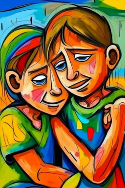 a girl hug her brother and both crying sadly, expressionism, Pixar style, in abstract art Basquiat, Picasso, Miro, Kandinsky, Klee, Birell, Fairey, Ardon, Buffet and Picasso style, HD --s 750 --v 5.1 --style raw, water color