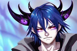 Young anime man with demon horns, fangs, messy purple hair and blue eyes