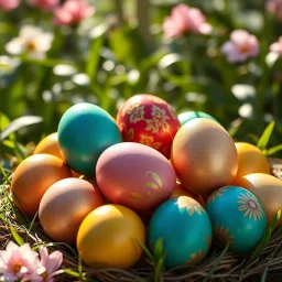 An 8k resolution, 16:9 aspect ratio hyperrealistic photograph depicting a meticulously arranged cluster of Easter eggs, bathed in soft, diffused natural light filtering through a sun-drenched garden. The eggs, a vibrant symphony of azure, emerald, ruby, golden yellow, and blush pink, possess flawlessly smooth, glossy surfaces reflecting light with subtle highlights and deep, rich shadows. Intricate patterns – delicate floral motifs, abstract swirls, and flecks of gold leaf – adorn each egg, su