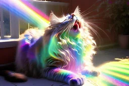 vomiting maine coon cat vomits a holographic rainbow in sunshine