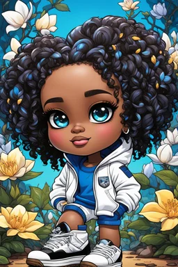 Create an colorful psychedelic comic book illustration of a chibi cartoon black female thick curvy wearing a cut of blue and white hoodie and white jeans and timberland boots. Prominent make up with long lashes and hazel eyes. Highly detailed shiny sister locs. Background of a large blue and white magnolia flowers all around her