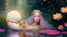 A digital illustration blending realism and fantasy, depicting Ophelia in a modern interpretation of a tunic, her thighs bathed in the soft glow of the moon, surrounded by vibrant lotus flowers and swaying reeds. The scene is infused with a sense of enchantment and surrealism, with a hint of whimsy and magic in the air. This version explores a more contemporary and imaginative approach to the traditional imagery.