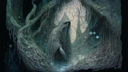 “The Hermit of a Chasm of the Forest” done delicately on rice paper; neo-surrealism dystopian eldritch elegant fantastical intricate hyperdetailed holographic magnificent meticulous mysterious ominous