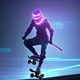 photo of a ninja riding a skateboard; in an alternate universe in tokyo; cyberpunk; realistic; rain; neon signs