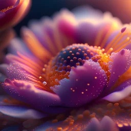 Photoreal microscopic close-up of a flower at twilight