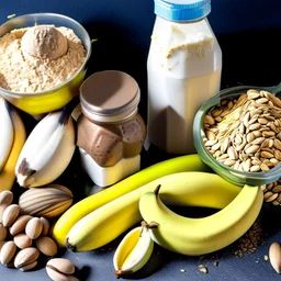 Ingredients for a proteinshake. Eggs, bananas, protein powder, nuts