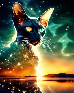 lora:Double Exposure Flux:1.0> A Oriental shorthair Siamese cat Against stars background Hyperealistic bioluminescent double exposure of Intricate Elaborate Double Exposure :: transparent cthulhu :: white background :: sunset+technology+memories inside double exposure art :: transparent layers by Photoshop Layers :: post processed double exposure art :: inspired by Surrealism+Pointillism+Double exposure art