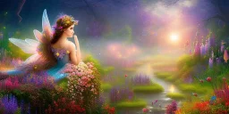 bright fairy, beautiful portrait, flowery landscape