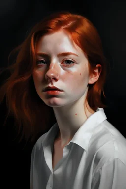 A red-haired girl with freckles. Oil portrait style. Waist-high. She got tired of long hair and had a bob cut. She is wearing a white shirt. Dark palette. The girl radiates light.