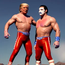 Realistic image of Donald trump wrestler, Mexican wrestling style, Mexican wrestling eyes mask, red and blue breeches, glow confederate flag dress, suspenders, retro style, 80s, vibrant color, highly detailed, sky background, concept art, unreal engine 5, god rays, ray tracing, RTX, lumen lighting, ultra detail, volumetric lighting, 3d, finely drawn, high definition, high resolution.