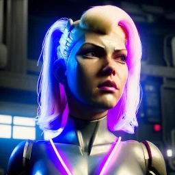 Actress, young Katheryn Winnick, android woman, glow eyes, circuits in face, glow painted face, shaved hair, ghost in the shell, samurai coat, elastic bodysuit, cyber punk, neon ambient, army, bamboo, blood, portrait, gradient background, unreal engine 5, soft color, 16 bit, god lights, ray tracing, RTX, lumen lighting, ultra deatail, volumetric lighting, 3d, finely drawn, hd.