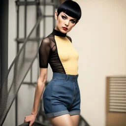 full body portrait -- an absolutely stacked, thin, petite, little female, who resembels Spock, with great big giant bazoombas, short, military-cut, buzz-cut, pixie-cut black hair tapered on the sides, wearing short sleeved, nylon, Turtleneck tube top, blue jean mini shorts, heavy, black fishnet stockings, punk rock styled, platform boots, red lipstick, dark, emo, eye makeup, a black and gray gradated wall with fog in the background