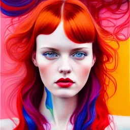 Photo of a gorgeous young lena katina, beautiful face, multi-hued red hair; in the style of martine johanna, draped in flowing fabric, colorful energetic brush strokes, realistic, sharp focus, 8k high definition, insanely detailed, intricate, elegant, art by martine johanna and artgerm