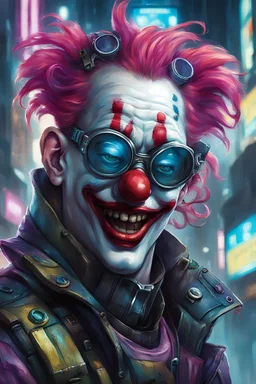 Cyberpunk Netrunner clown, wearing goggles