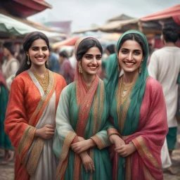 Hyper Realistic Traditional Pakistani girls & women smiling & talking to each other & wearing traditional desi cloths at cloudy weather in a market with lots of other people