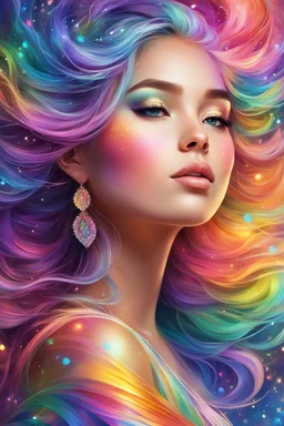 Digital painting style. Pastel hues adorn her every trace, A rainbow girl with a shimmering embrace, Her eyes, glistening with dreams and grace, A vision of magic, lighting up any space. highly detailed, adorable digital painting, beautiful detailed digital painting, colored ink, beautiful artwork, 4k, high quality