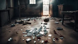 close up photo from a young woman's had with bloody fingers, and shattered glass pieces lies on dirt floor, The room is an old poor villager's abode, pale light, The mood is one of profound melancholy, sad