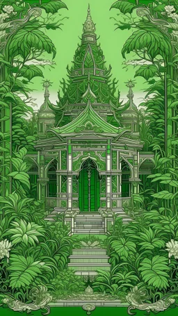 very detailed all Green Buddhist temple surrounded by leaves and ivy, medieval, gothic style, fine line draw style
