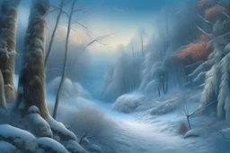 Winter landscape in high resolution, forest, perfect graphics, frost, fluffy trees, long snow-covered path, fluffy snow, professional photography, high resolution, high detail, ISO 100, realistic, beautiful, aesthetically pleasing, bright lighting, Catherine Weltz Stein, Dmitry Vishnevsky. Josephine Wall, Thomas Kincaid
