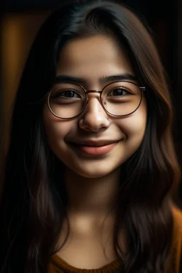 Hochskalieren portrait of a 18 year old girl named Leila Khan, best friend of a main character of a youth novel, Malaysian, full lips, dark brown hair, glasses smiling