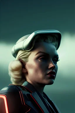 Ultra Realistic retro sci-fi scene, portrait, blonde woman, sweet young Marilyn Monroe face, perfect iris, tight latex coat, Strange planet background, Retro sci-fi style helmet, fog, rain, soft color, highly detailed, unreal engine 5, ray tracing, RTX, lumen lighting, ultra detail, volumetric lighting, 3d, finely drawn, high definition, high resolution.