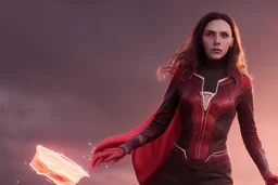 Wanda Maximoff, feiticeira escarlate usando traje vermelho de vestido, destruindo a realidade, governando o mundo, destruição, 4k render, dramático, cinematográfico, poderes destruindo tudo, expressão brava