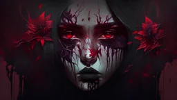 goth girl face, blood, futuristic, guts, wildflower, cosmic, intricate, darkred tones, ominous, nature, plants,