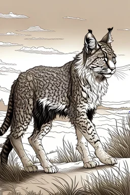 "lince maestosa nella savana al tramonto, corpo intero, splendida illuminazione naturale, dettaglio della criniera, capolavoro, cartoon in bianco e nero"
