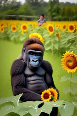 A child play with the s big gorilla among sunflowers farm the child is seems very happy while the gorilla been silly