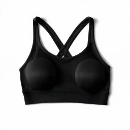 Folded Cross-back sport bra, top view, flat lay, realistic, active wear, black material, round neck, cross-back with double spaghetti straps, small cup size