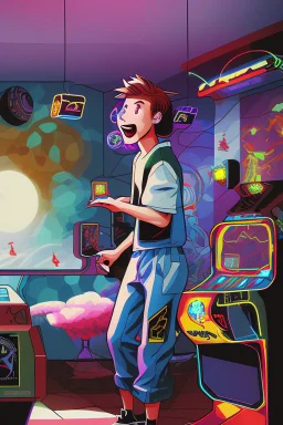 a millineal teenage boy is playing video arcade games, bright colored clothes from the 90s, hairstyles of that time, comic style