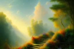 Impressionism , mystical long steep stairway up to heaven in the sky, atmospheric mist, beautiful colours, fine art, trending on artstation, masterpiece