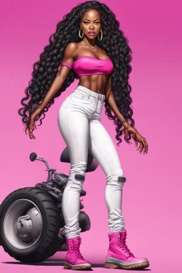 Create a digital airbrush cartoon of a curvy African American female wearing tight white jeans and a off the shoulder hot pink blouse. She is also wearing timberland boots. Prominent make up with hazel eyes. Highly detailed very long extremely braids of black hair. Her skin is smooth and silky. Background of a track of ATV riders.