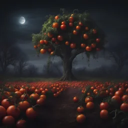 Hyper Realistic Tomato Field & tree without leaves at night with scarecrow
