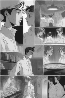 black and white story board, Cut back to the chefs, all of whom roll one sly look at the boy and the girl they switch to the establishment. The shot is through the boy and the girl in the foreground seeing only each other their bodies and between them (if the girl is on the left a the boy on the right and they go right in frame) in the middle we see gives from the cooks, and the third behind the girl (left of frame), scattered throughout the kitchen must have been thrown at them look.