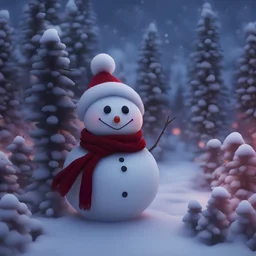 A (((small miniature glowing snowman with red Santa hat on his head and a red scarf and red white coat and pants ))) standing in a ((snowy mushroom garden)), with a (twilight backdrop that limns the surrounding ((huge trees))