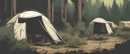 campsite, tents, overgrown, post-apocalyptic, comic book, forest, cinematic,