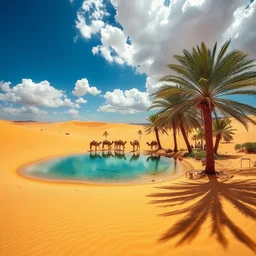 A breathtaking desert oasis, where golden sand dunes cradle a crystal-clear freshwater pool, shimmering under the sun. Palm trees sway gently around the oasis, their lush green fronds contrasting vividly with the arid surroundings. The sky is a brilliant blue, dotted with fluffy white clouds, casting soft shadows on the landscape. A family of camels roams nearby, their presence adding a touch of life and movement. The textures of the sand and water are meticulously detailed, with each grain and