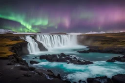 landscape from Iceland, with Fire, Ice, northern lights, and Waterfalls. A sea with a big cruise boat