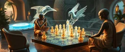 alien levitating yoga monk wrestlers chess masters playing serious glowing chess on hex map in lounge on beautiful lush planet with huge transparent bird glass alien chess pieces of ships in fountain, also an endless twisted god piece, one of the players is wrestling a piece, floating chess board